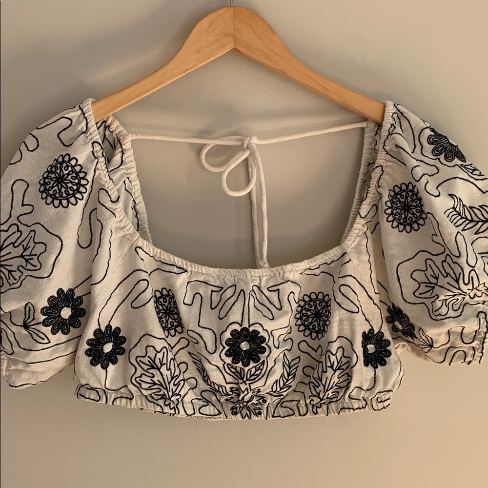 Free People Lotus Floral Embroidered Smocked Crop Top White Black Size Large